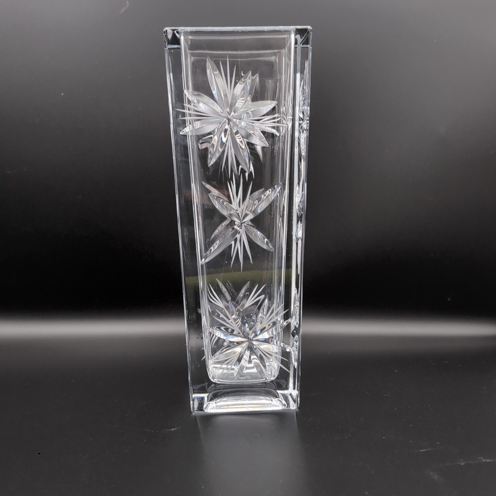 Vintage Heavy Cut Crystal Square Vase 10" Tall Starburst Pinwheel Floral Pattern